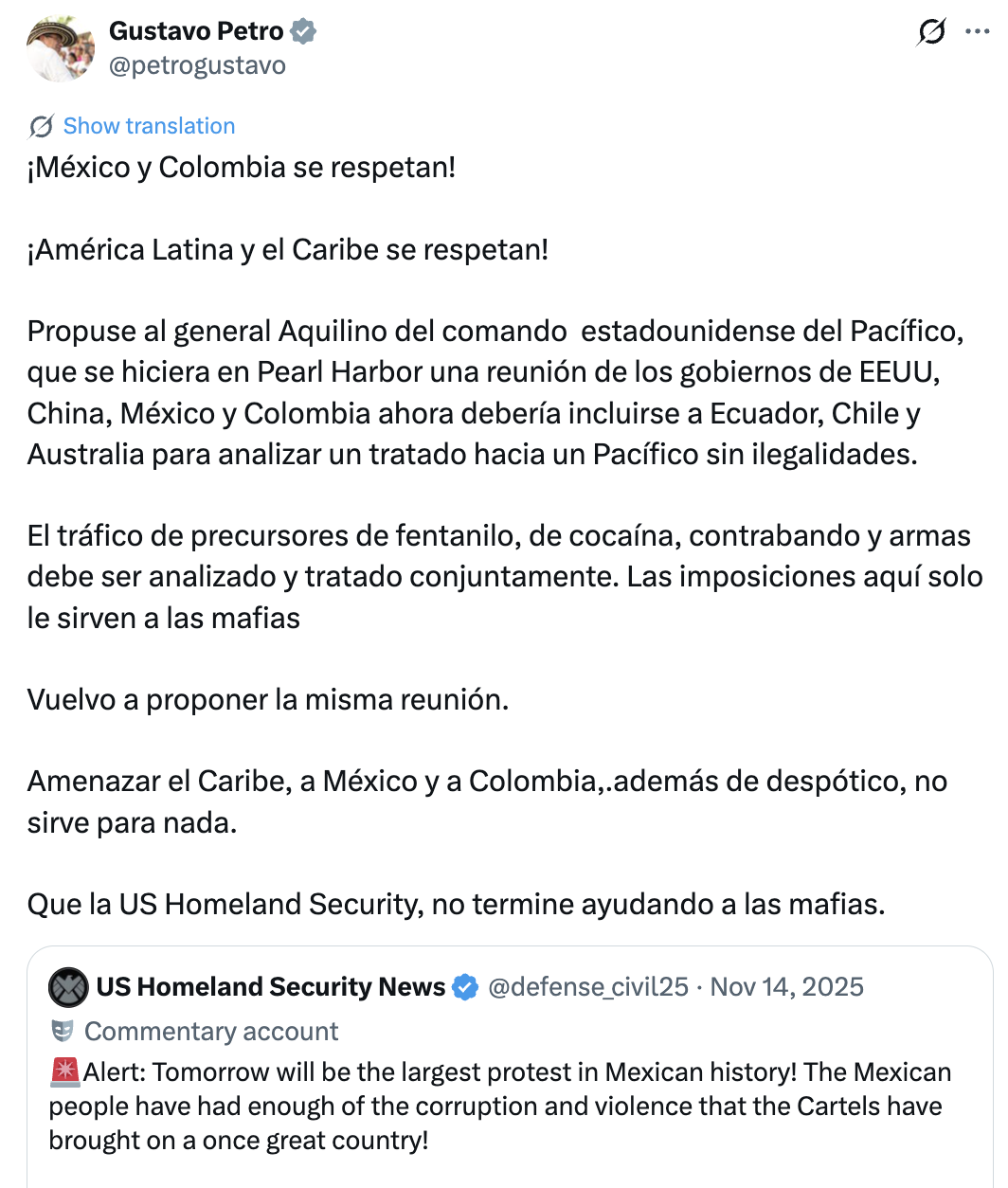 Trino de Petro respondiendo a una cuenta no oficial del DHS