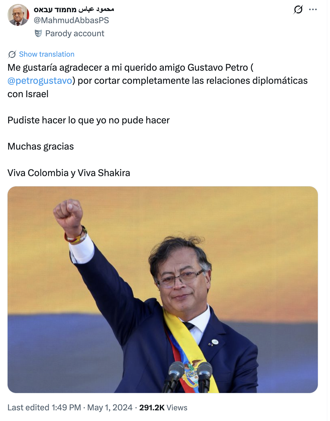 Trino falso de cuenta parodia de Mahmud Abás agradeciendo a Gustavo Petro